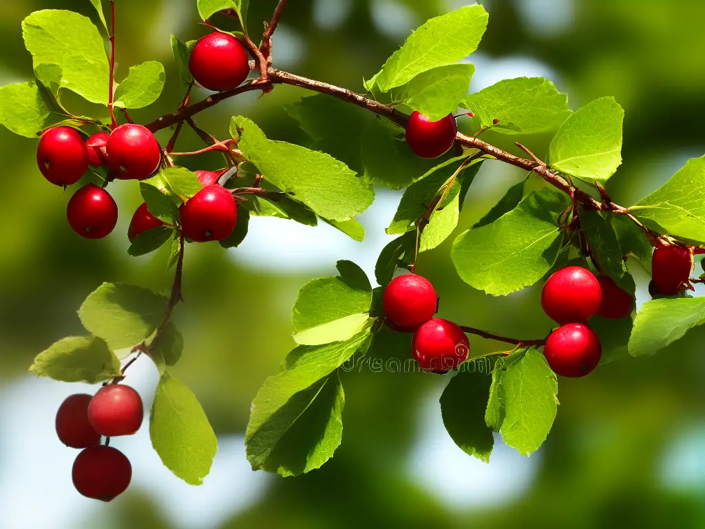 An image of a branch from a crab apple tree with small, round, red fruits hanging from it. The leaves are green and the background is out of focus.