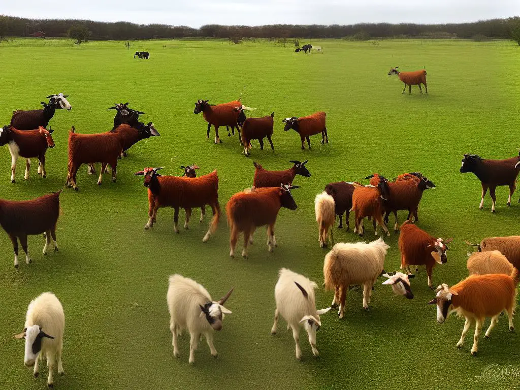 A group of joyful goats eating and jumping for crab apples in a fenced orchard.