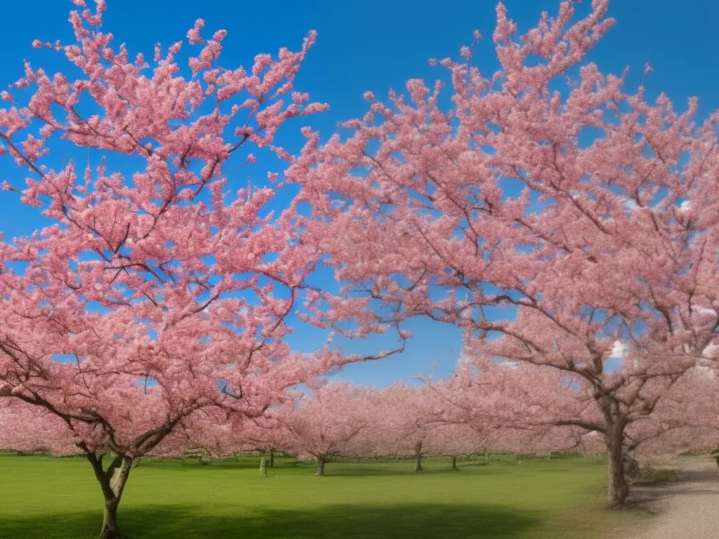 A picture of a crab apple tree with pink blossoms in full bloom against a blue sky. The tree has a twisted trunk and gnarled branches, giving it a unique and interesting shape. The image captures the beauty and resilience of this species, making it a great addition to any garden design.