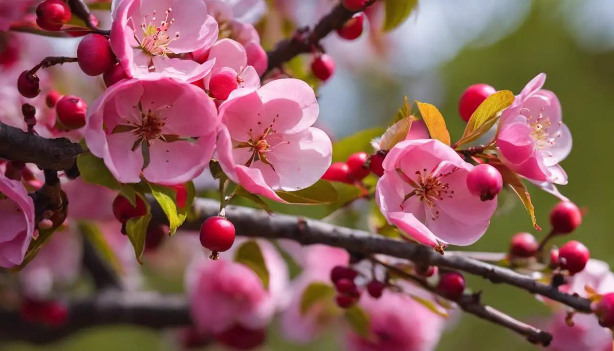 A close-up image of a crab apple tree with pink flowers and small red fruits hanging from its branches.