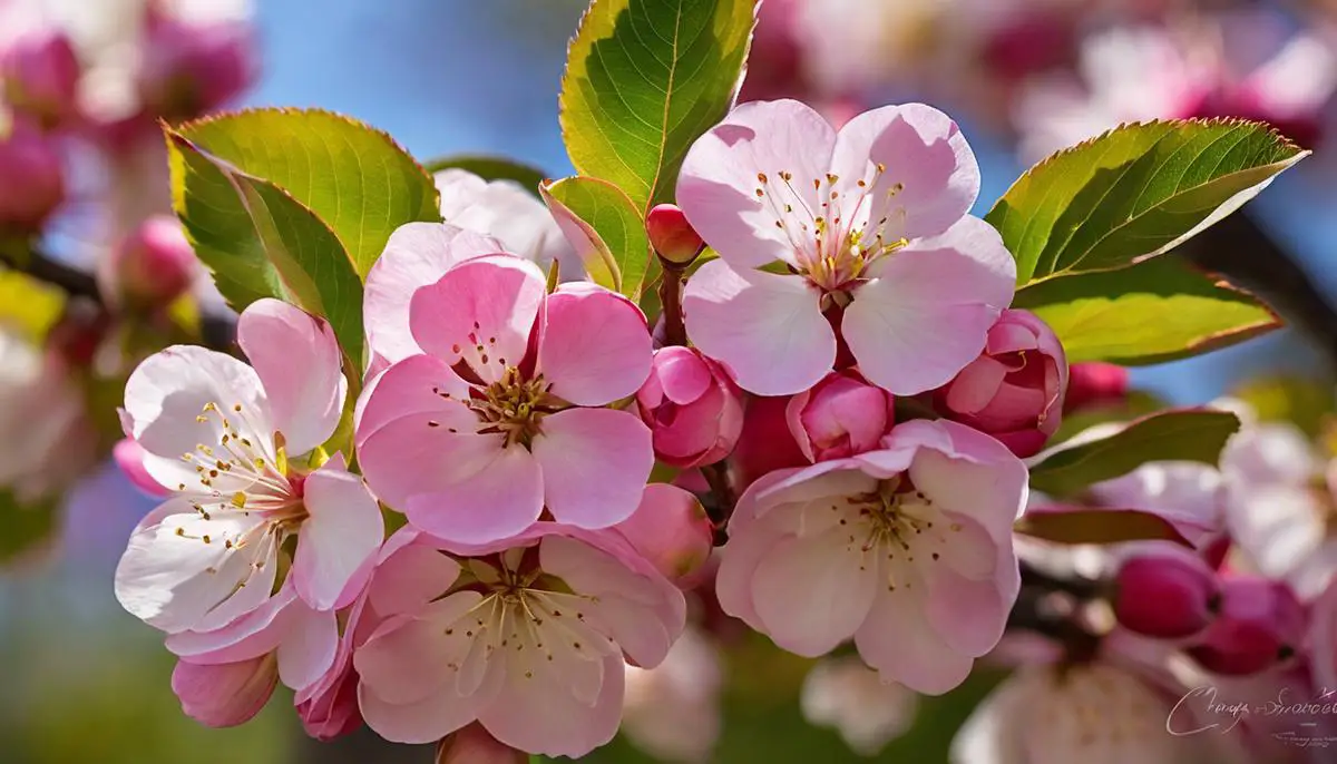 Close-up image of crab apple tree blooms, showcasing their delicate petals and range of colors.