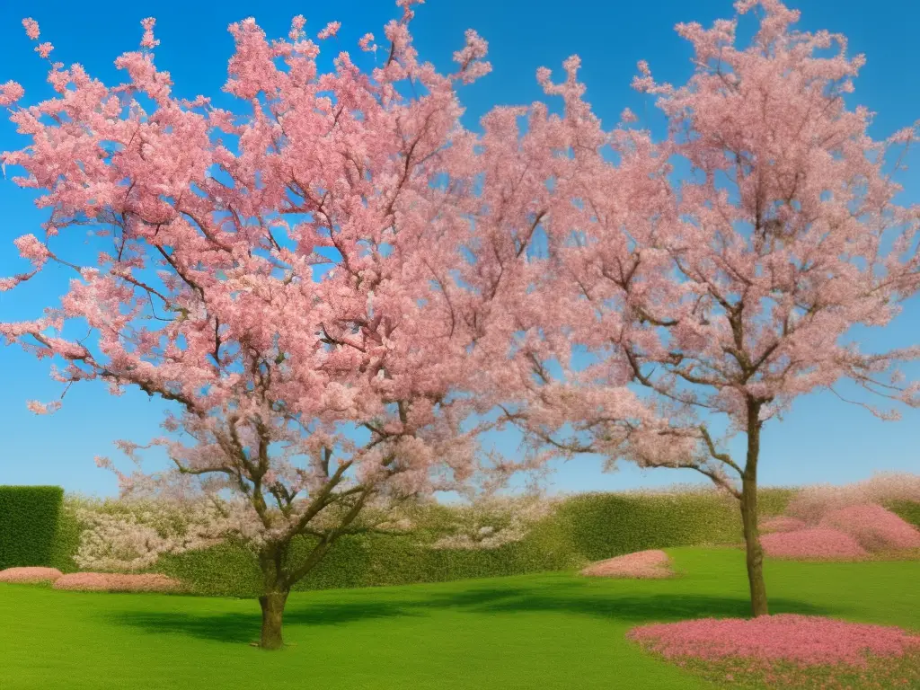 An illustration of a crab apple tree with pink flowers and green leaves. It is growing in a garden with a fence and a blue sky in the background.