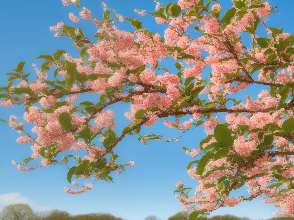 Illustration of a healthy crab apple tree with white and pink blossoms, green leaves, and small red fruit hanging from the branches.