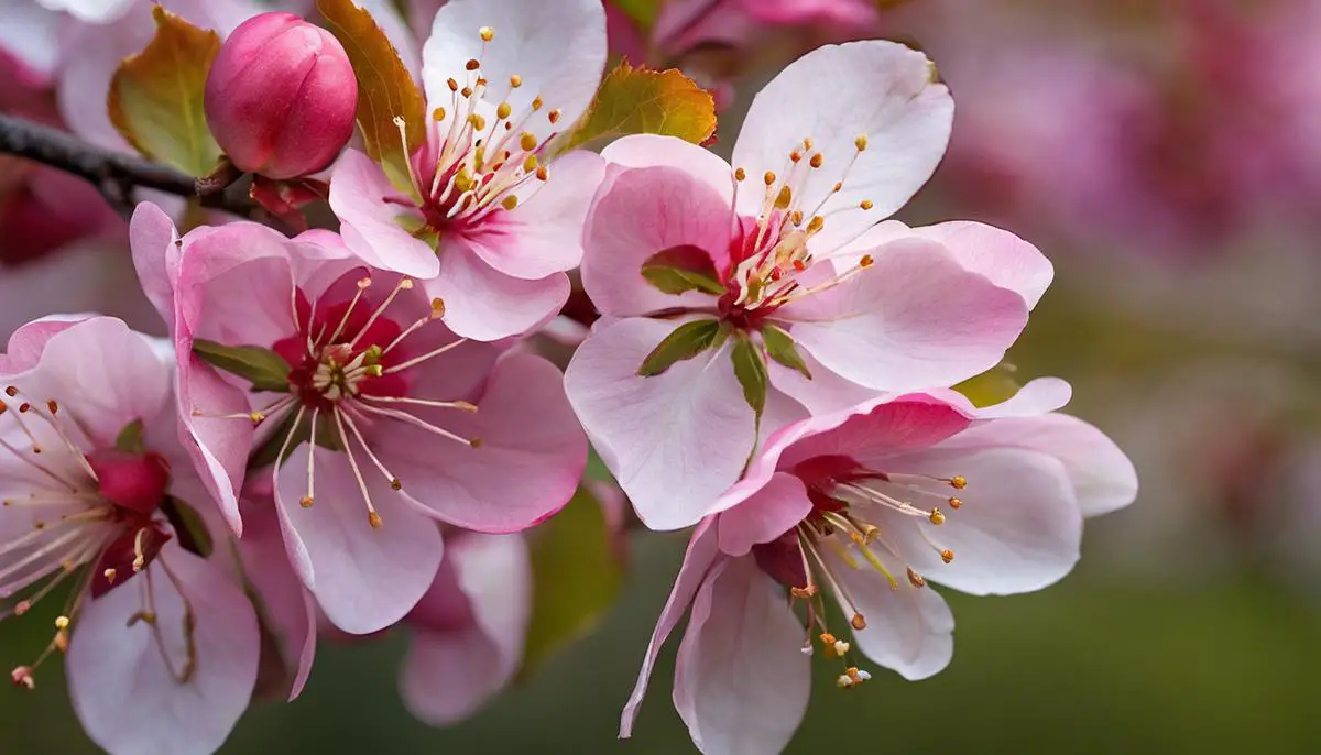 A close-up image of vibrant crab apple blossoms, showcasing their stunning colors and delicate petals