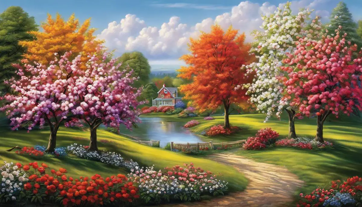 A colorful image showing different varieties of crab apple trees with their vibrant flowers and fruits.