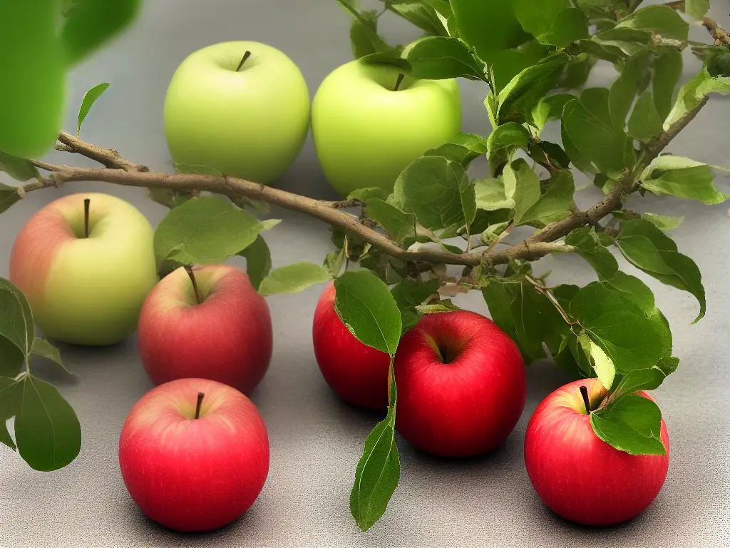 A picture of two apples; one is a big red apple, and the other is supposedly a crab apple, smaller than the red apple, and has a greenish-yellow color. 