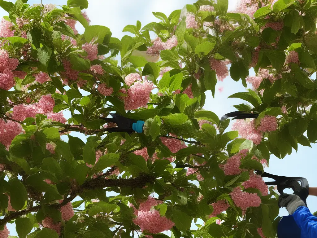 A woman wearing gardening gloves and pruning shears is trimming the branches of a flowering crabapple tree. There are small, pink blossoms on the tree and a lush green lawn in the background.