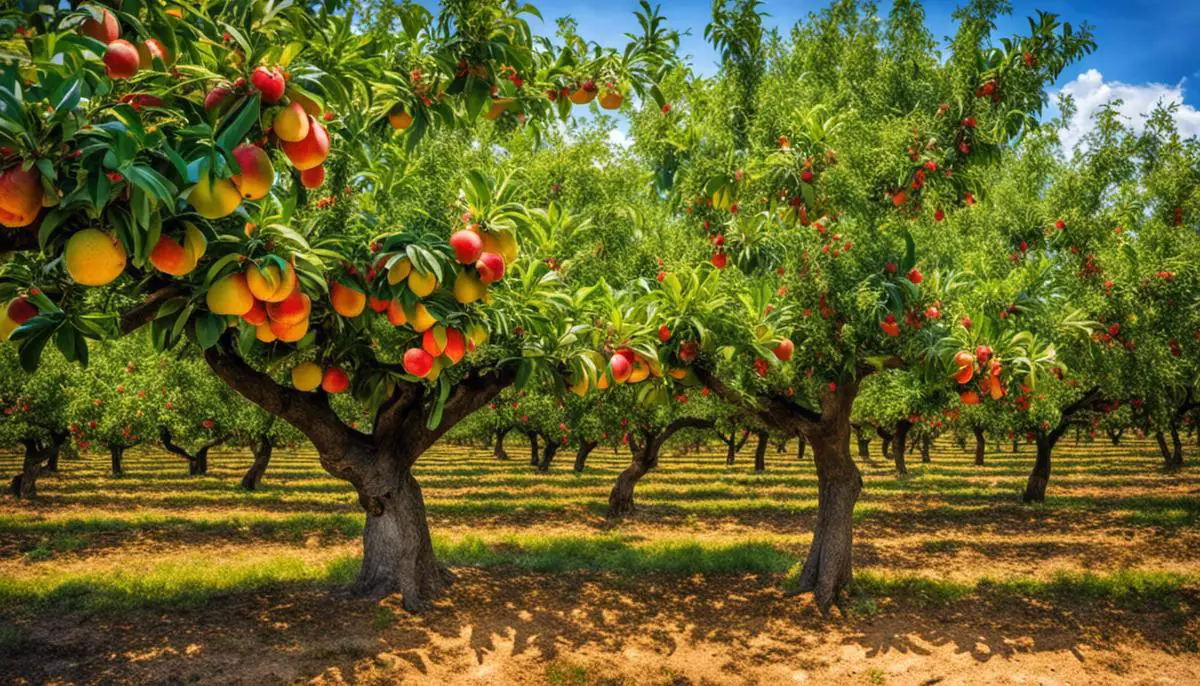 A beautiful image showcasing the orchard's trees filled with ripe fruits.