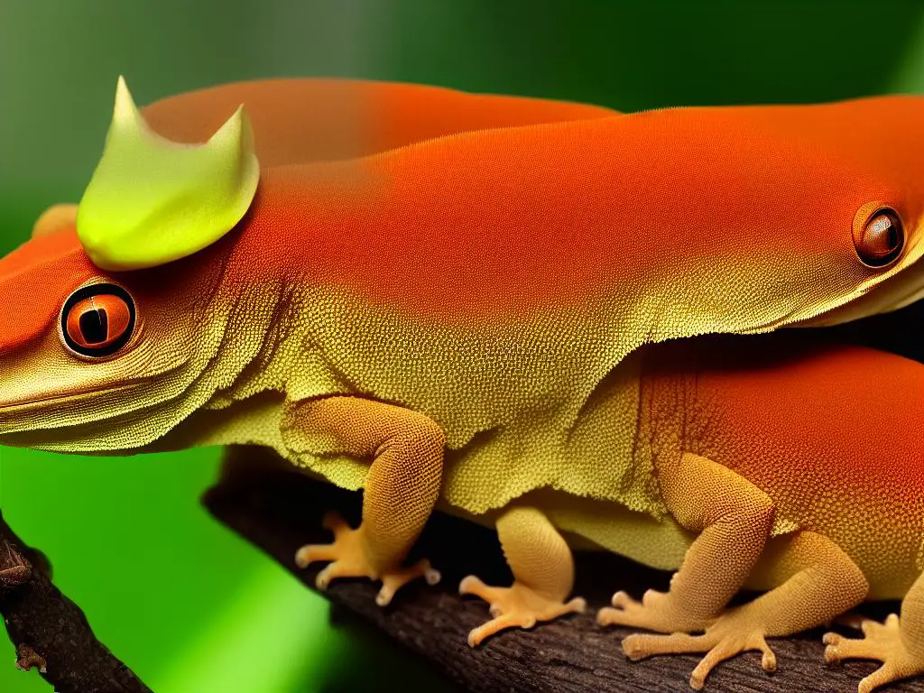 A picture of a crested gecko eating fruit and insects with a caption that reads 'Crested Gecko Diet'