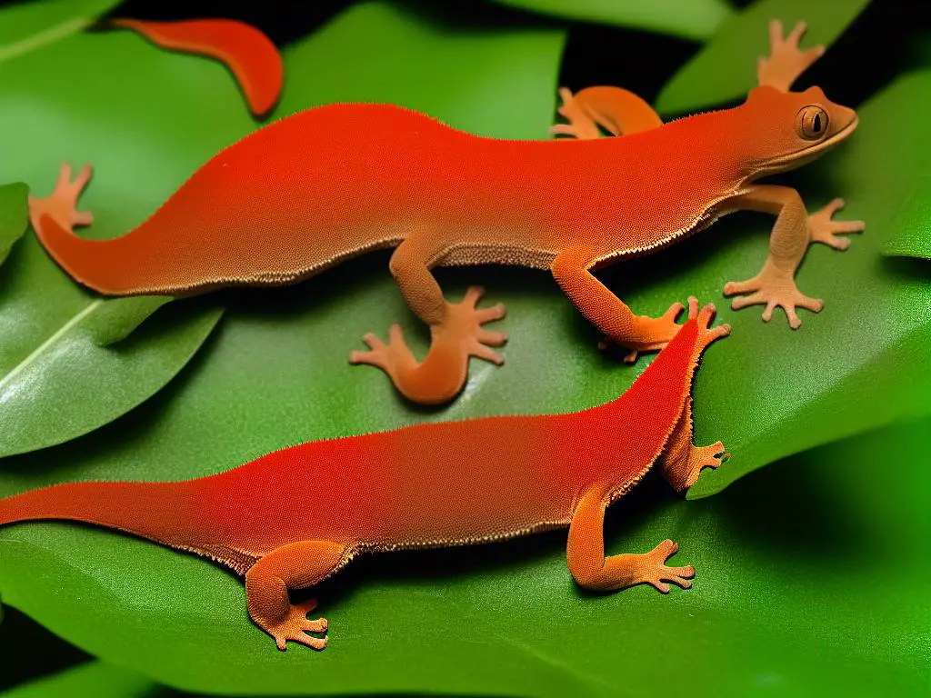 A crested gecko standing on a green leaf, looking at the camera.