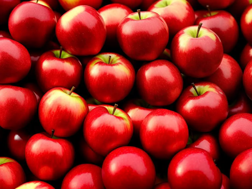 A close-up image of Crimson Gold apples, showcasing their small size, crimson-red color, and unique shape