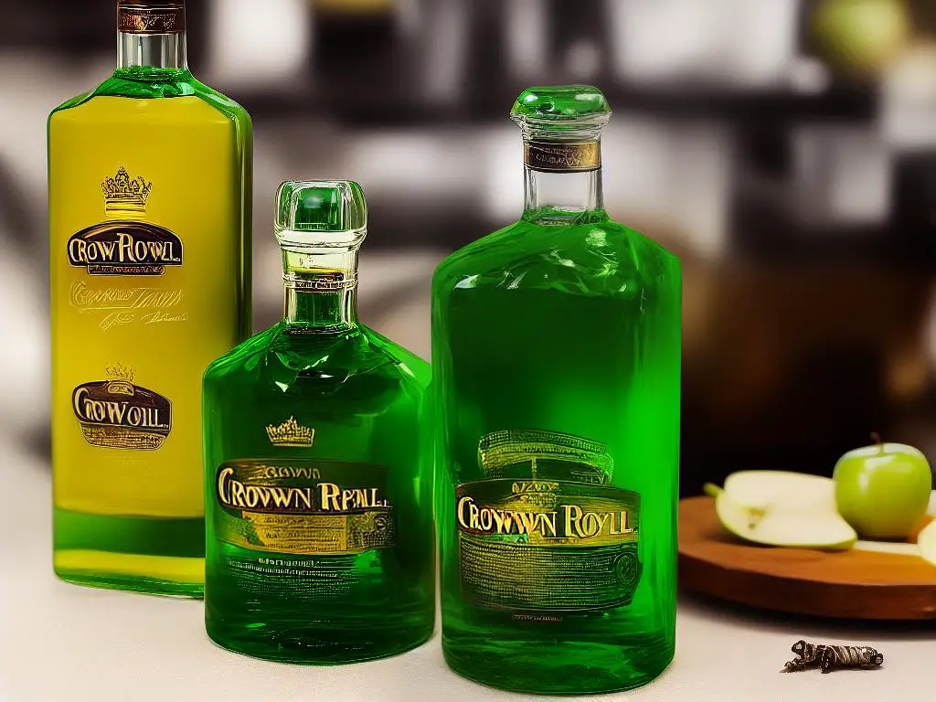 Imagine a bottle of Crown Royal Apple whiskey with a vibrant green apple graphic on the bottle.