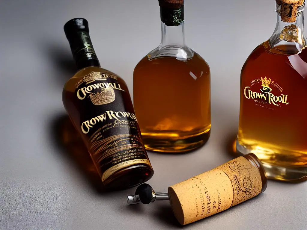 A picture of a bottle of Crown Royal Apple whiskey with a green label and a cork stopper.