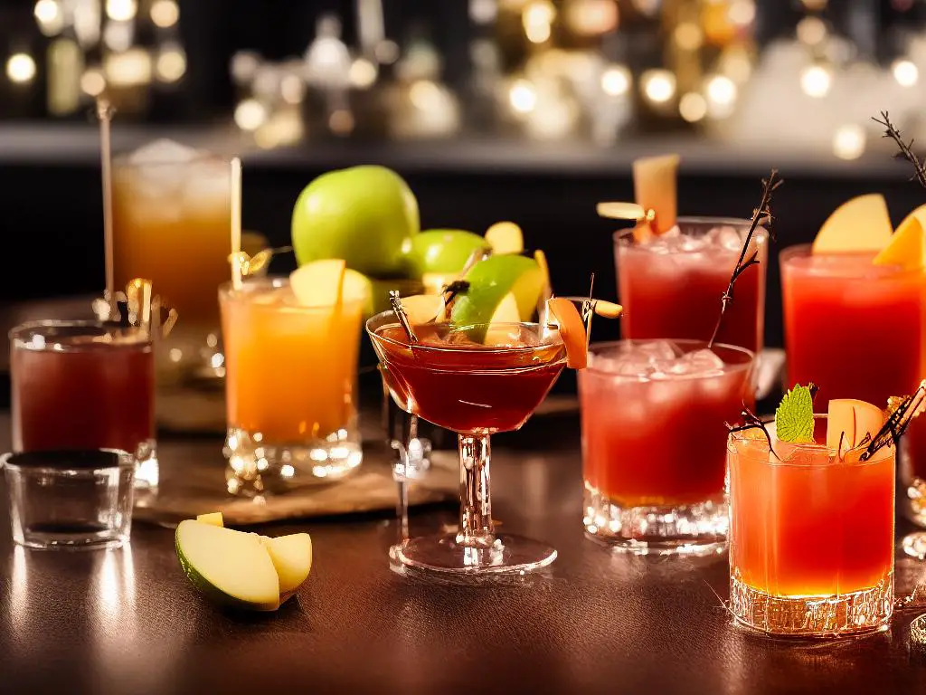 A picture showing a variety of fancy cocktails made with Crown Royal Apple whiskey. The cocktails are presented in different glasses, including a copper mug and a cocktail glass. Each drink is garnished with different fruits, such as limes and apples, and some have sparklers and twigs sticking out of them. The background is blurry, and there are some lights shining, suggesting that the image was taken in a bar or a restaurant.