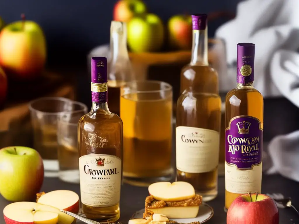 Crown Royal Apple bottle with delicious-looking apple pie and smoked cheese in the background.