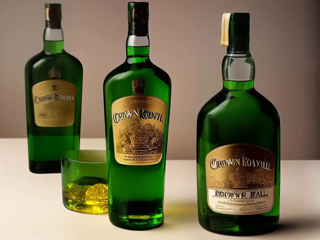 A green colored bottle of Crown Royal Regal Apple whiskey with a golden cap and a simple label