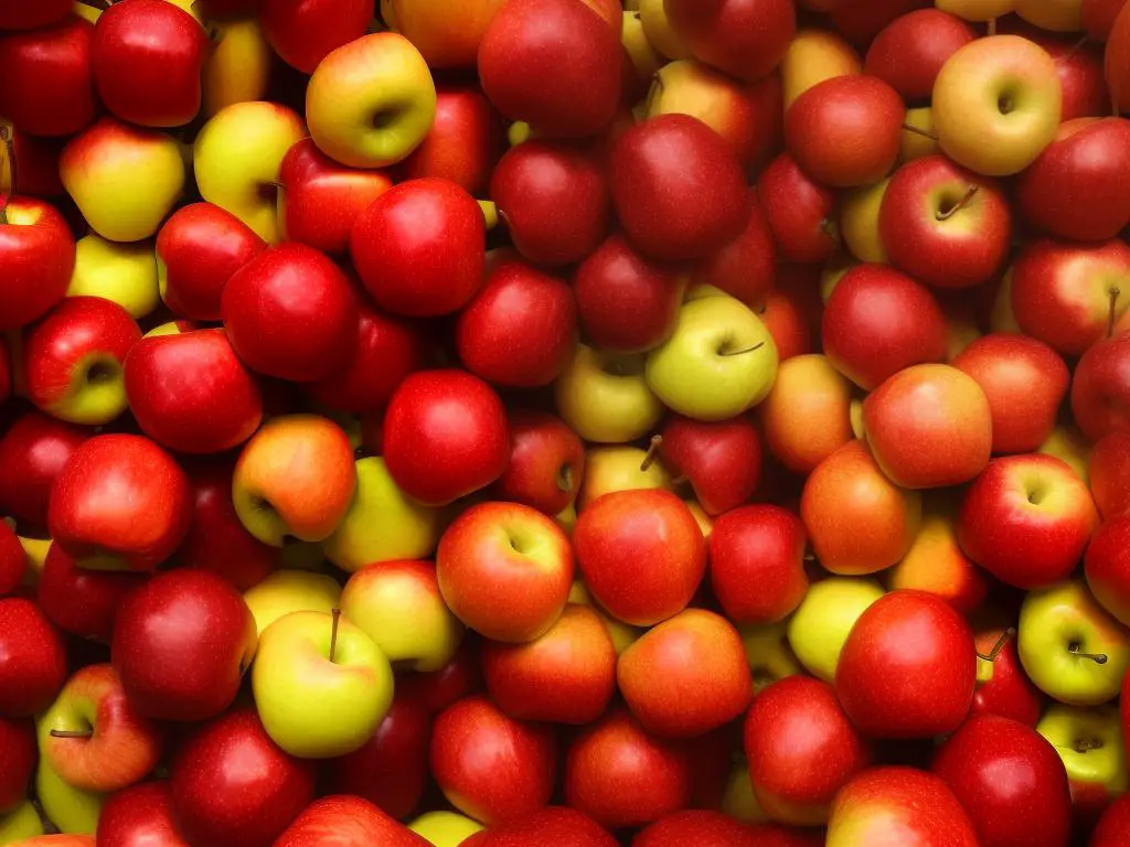 A close-up photo of Pazazz apples with vibrant red and yellow colors.