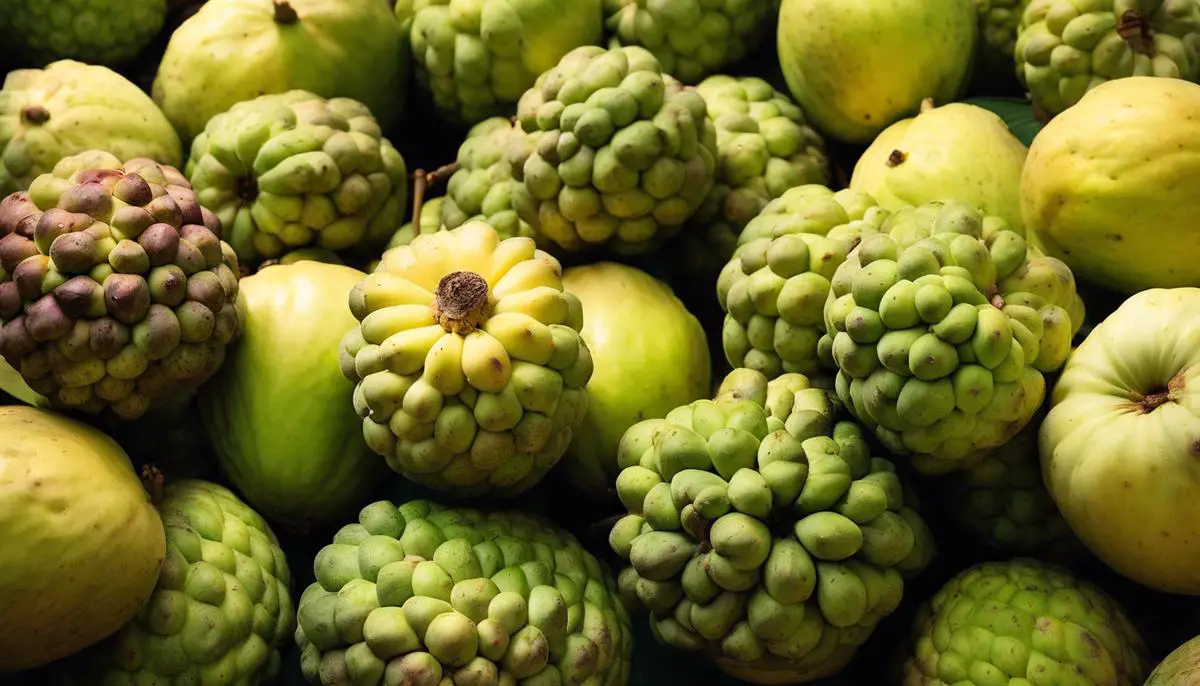 A photo of freshly harvested custard apples with a mix of green, yellow, and brown colors.