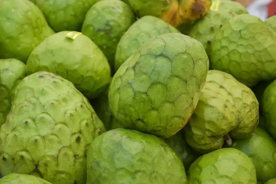 A photo of a custard apple, showing its unique segmented rind and creamy flesh