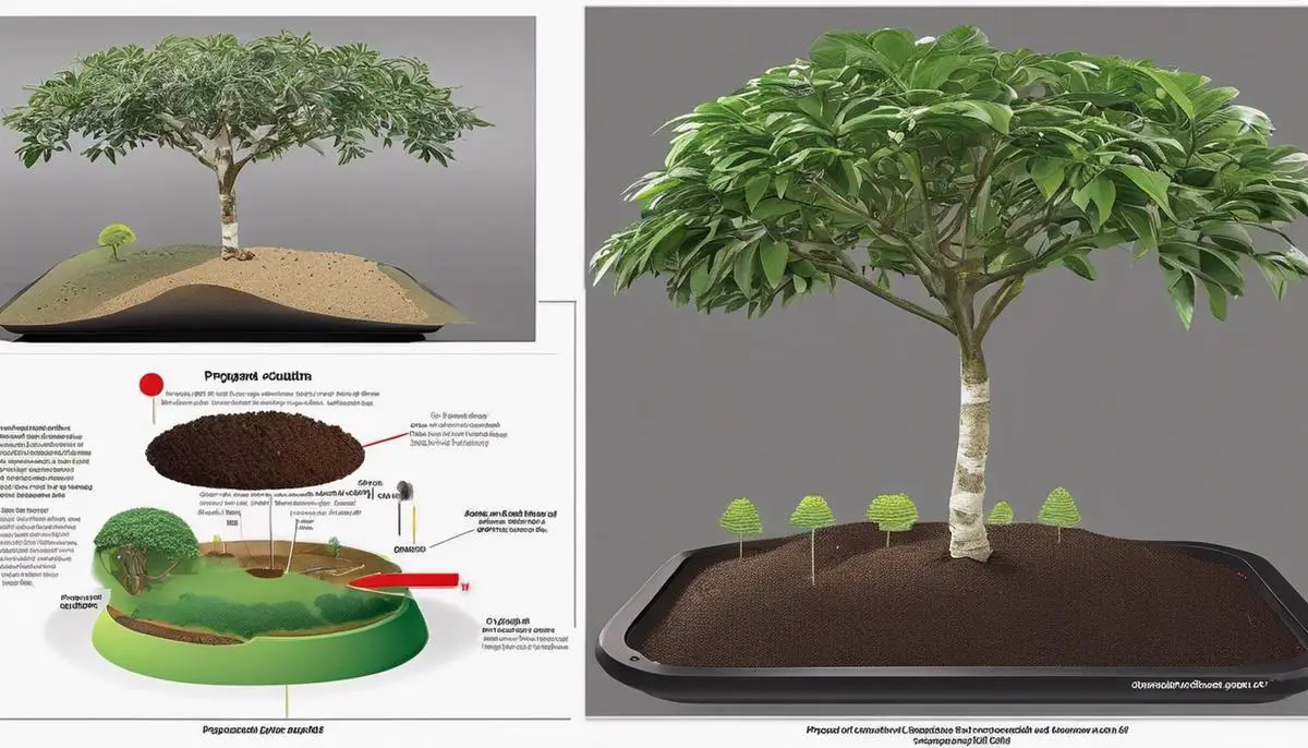 A diagram showing the process of propagating a custard apple tree through seed planting and grafting.