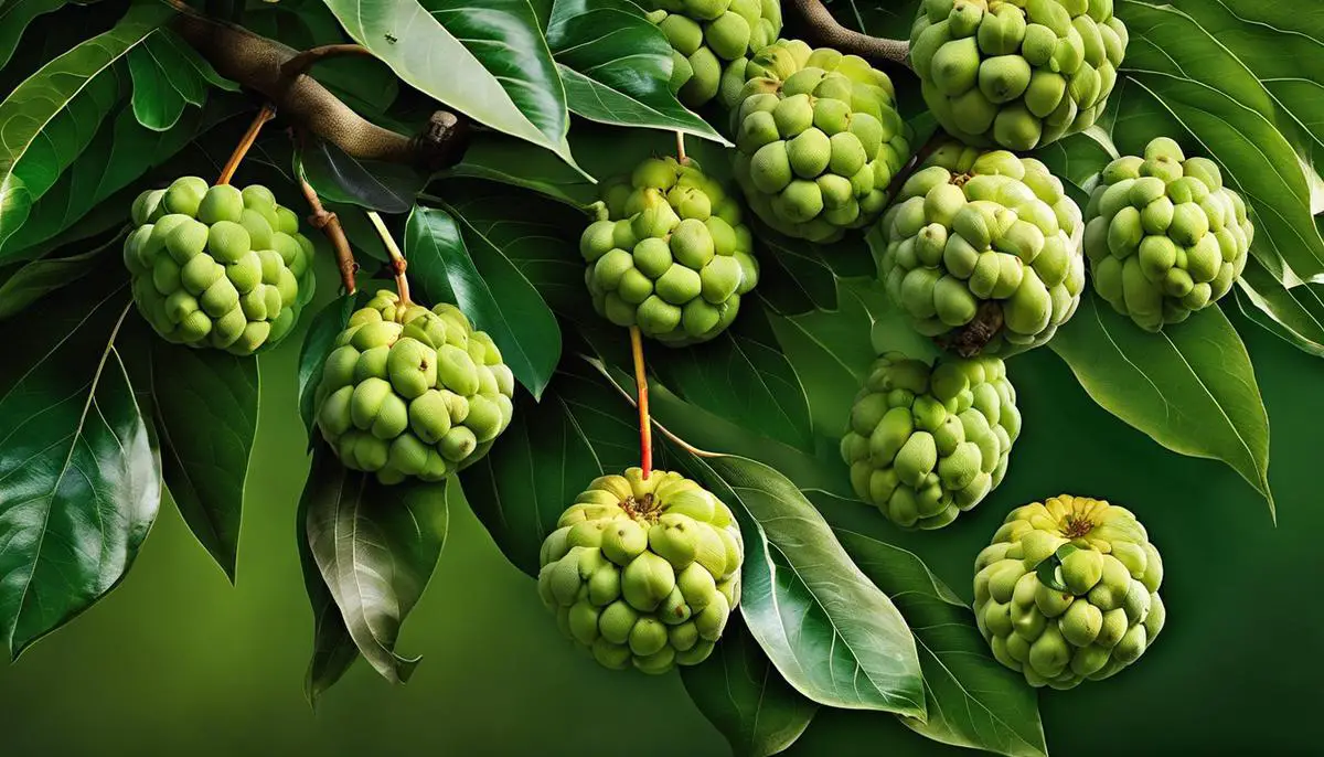 A close-up image of a custard apple tree with vibrant green leaves and ripe fruits hanging from its branches.