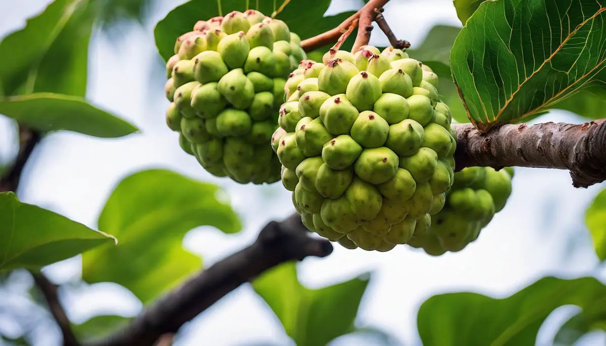 A close-up image of a custard apple tree branch with leaves and fruit.