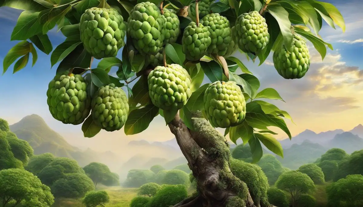 A beautiful custard apple tree with lush green leaves and mature fruits on branches.