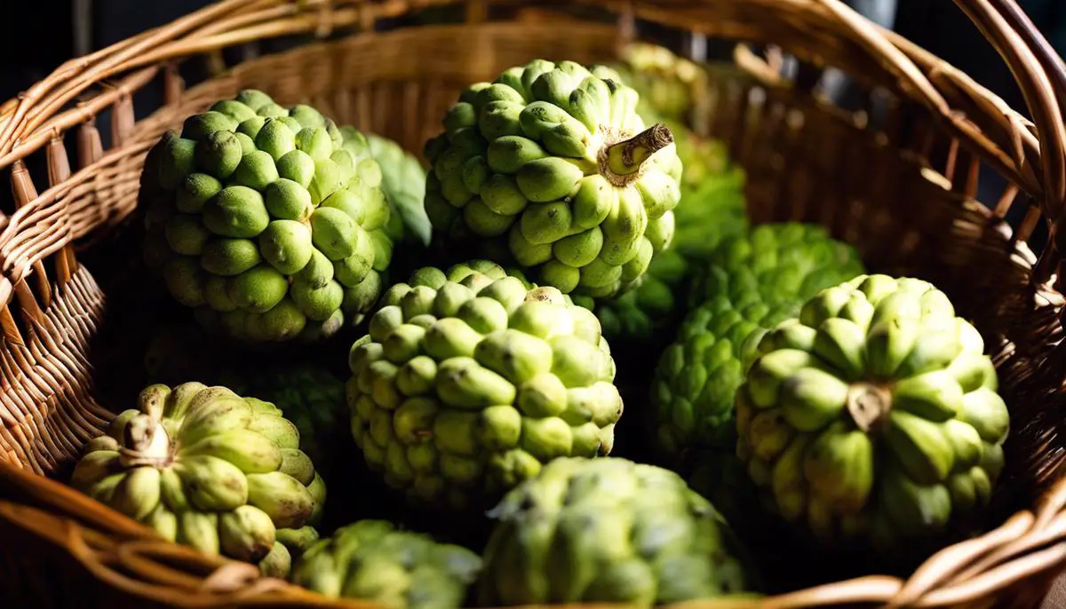 Freshly harvested custard apples in a basket