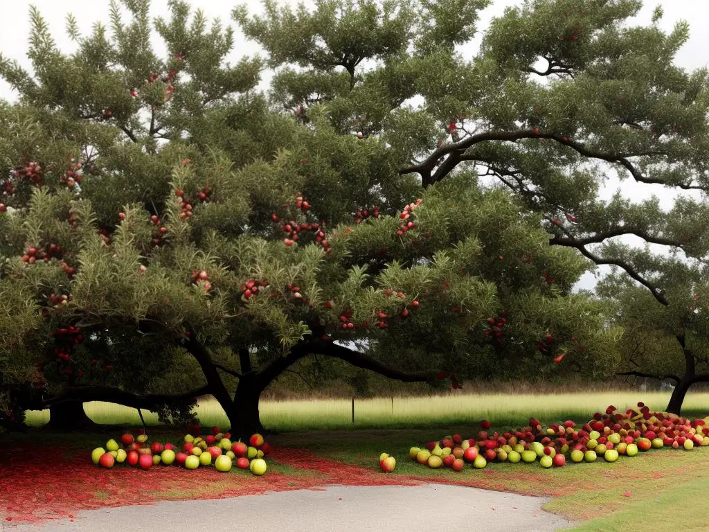 A tree with fallen and windblown apples, demonstrating the impact of Cyclone Gabrielle on New Zealand's apple industry.