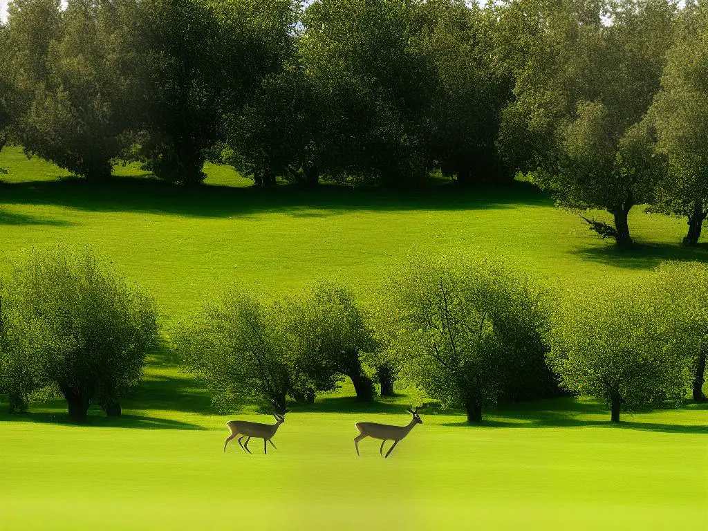 A picture of a deer wandering near several apple trees in an orchard.