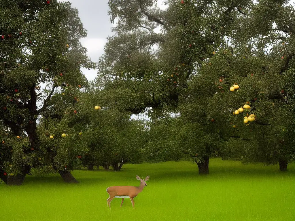 A picture of a deer eating an apple from a tree in the forest.