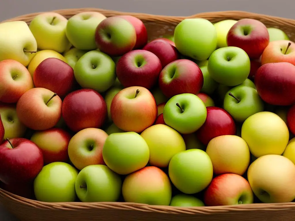 A basket of different types of apples, including Rome, Empire, Fuji, Golden Delicious, and Stayman-Winesap.