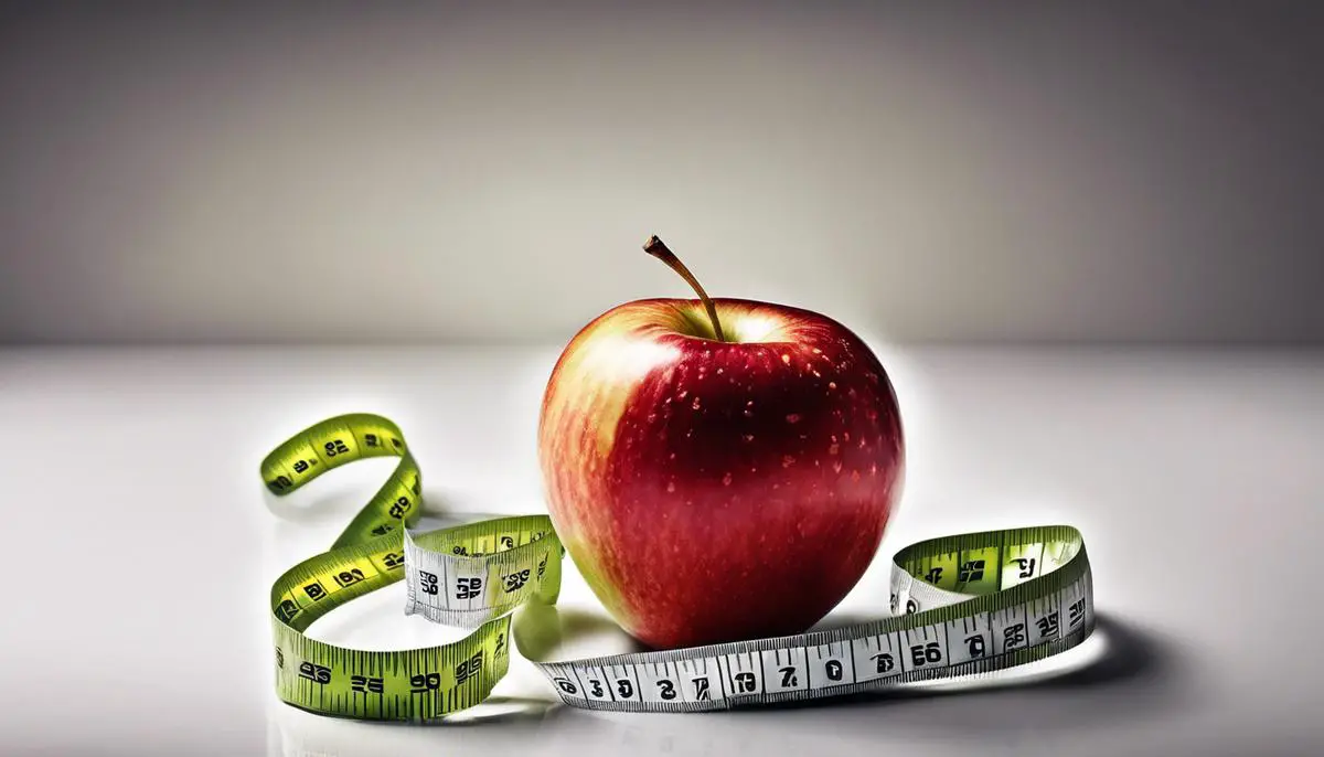 Image of an apple surrounded by a measuring tape, showing the connection between apples and weight management, promoting the idea that apples are beneficial for a healthy diet