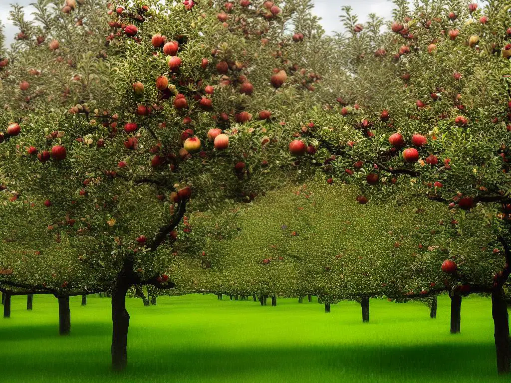 A picture of a healthy apple tree in an orchard.