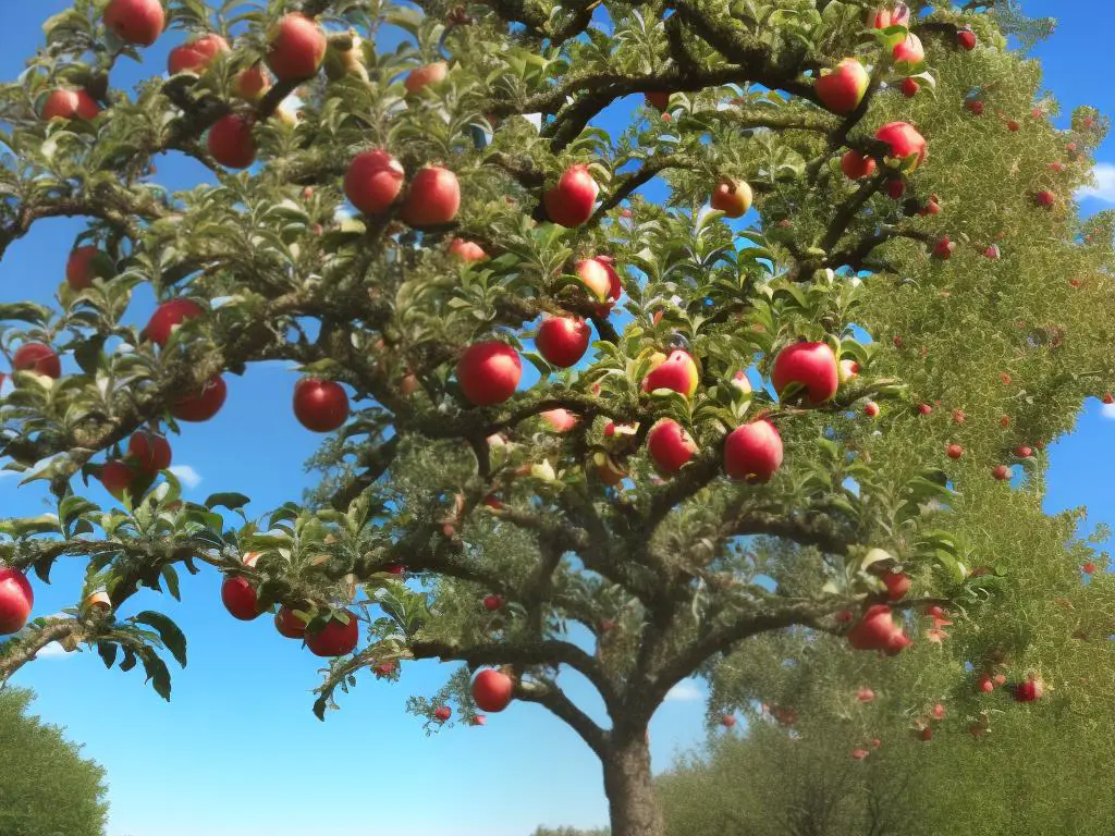 An image of a healthy disease-resistant apple tree with ripe and juicy apples hanging from it. The tree is surrounded by well-maintained green grass and clear blue sky in the background.