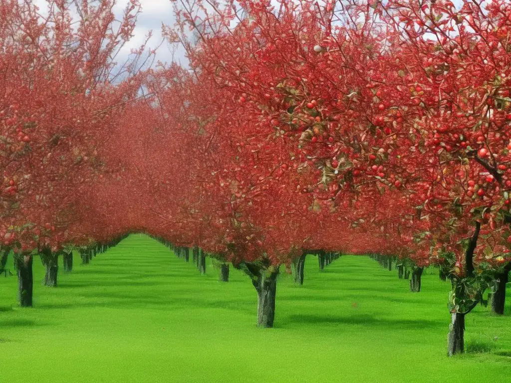 A picture of multiple apple trees growing in a garden and bearing red and green colored apples
