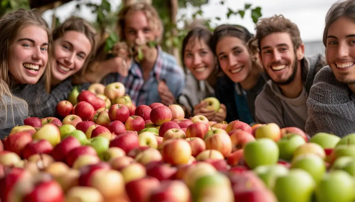 A diverse group of people enjoying different apple varieties