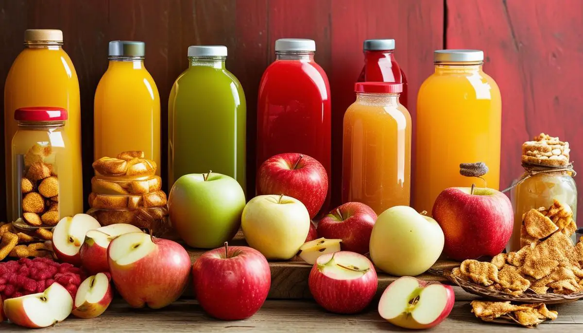 Artful display of various apple-based products including juices, ciders, dried snacks, and purees