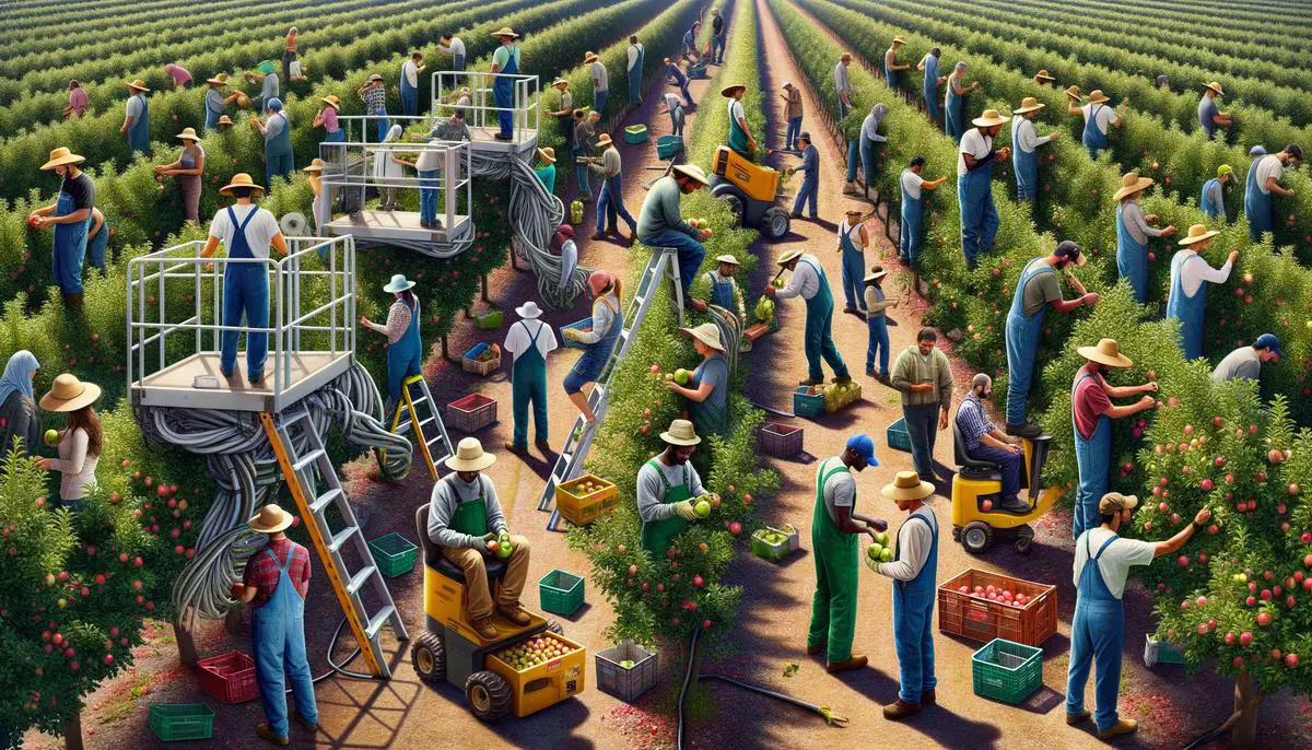 A diverse group of orchard workers, including local and H-2A visa workers, working alongside automated equipment