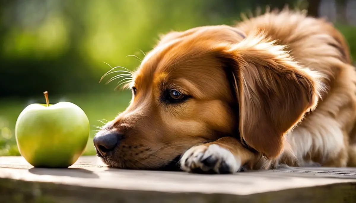 A photo of a dog eating an apple, showing the potential risks and benefits of feeding apples to dogs.