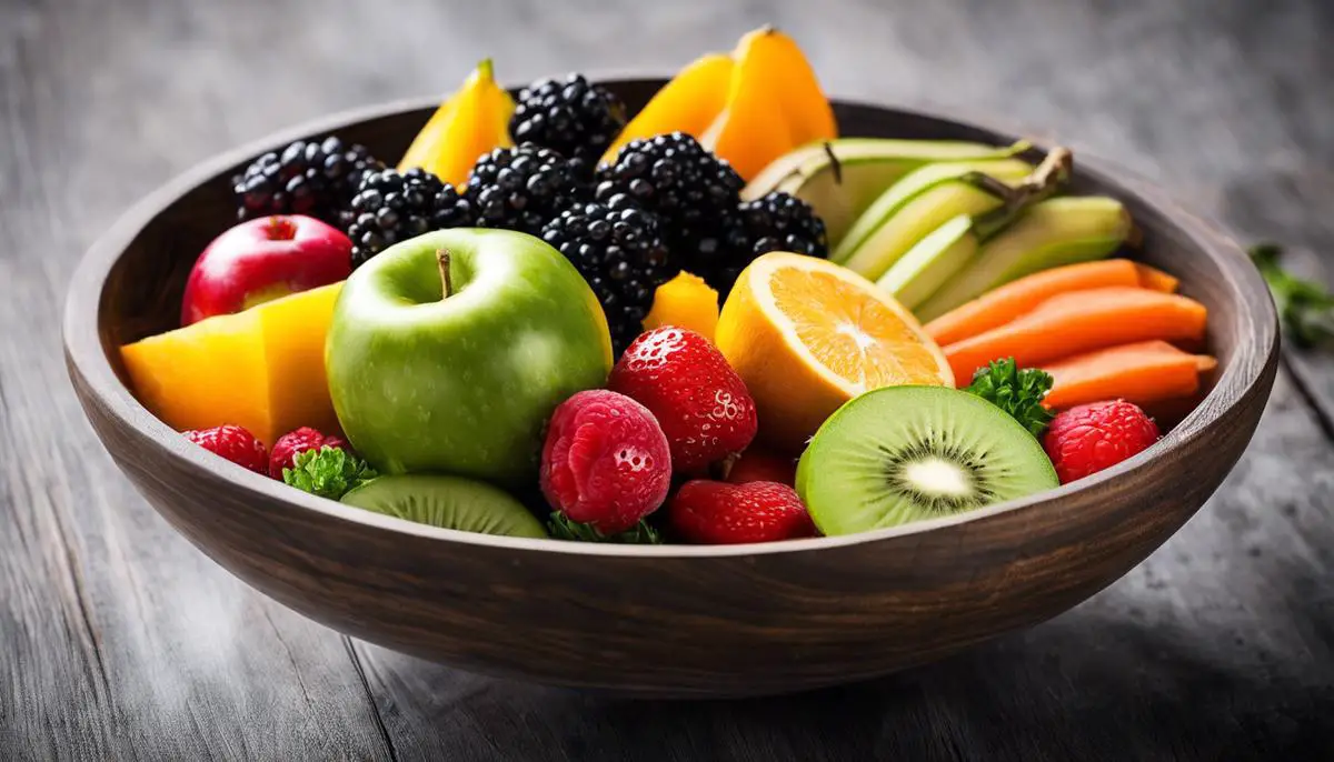 A bowl filled with various fruits and vegetables suitable for a dog's diet.
