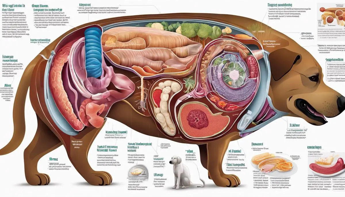 Illustration of a dog's digestive system depicting the different organs and their functions for visually impaired individuals