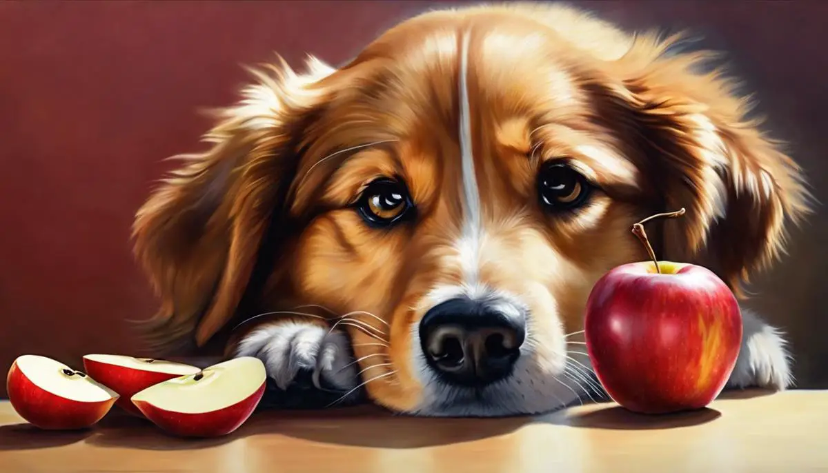 A dog happily eating apple slices, showing the enjoyment of snacking on apples