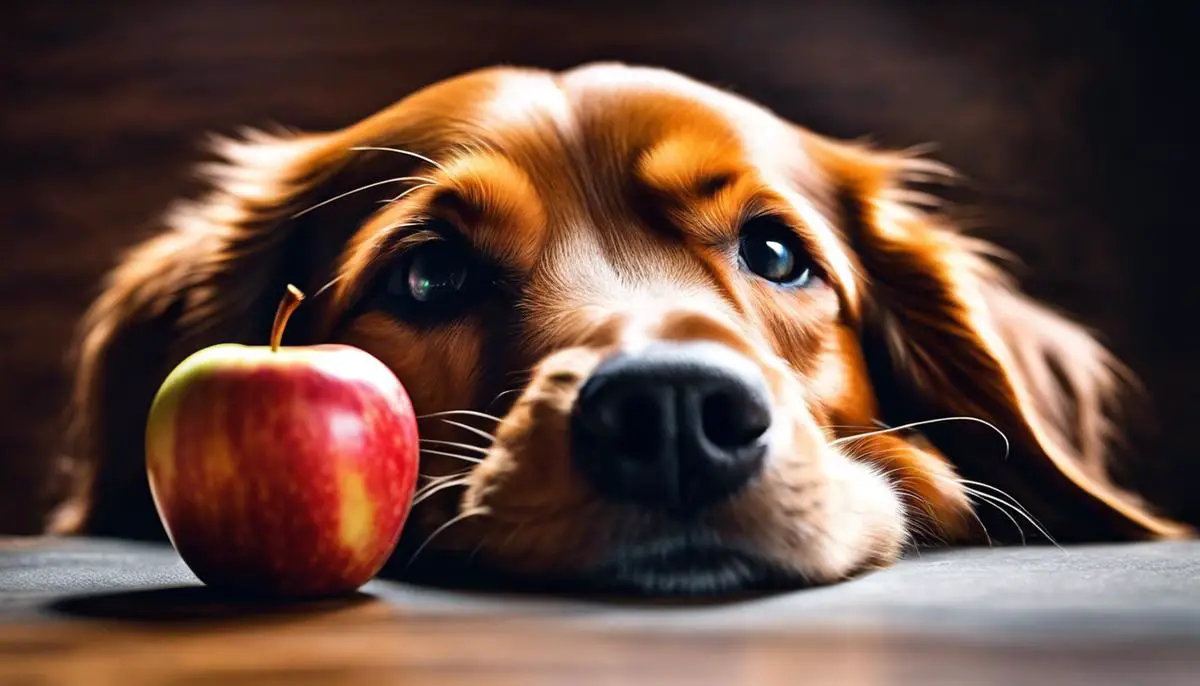 A photo of a dog enjoying a slice of apple