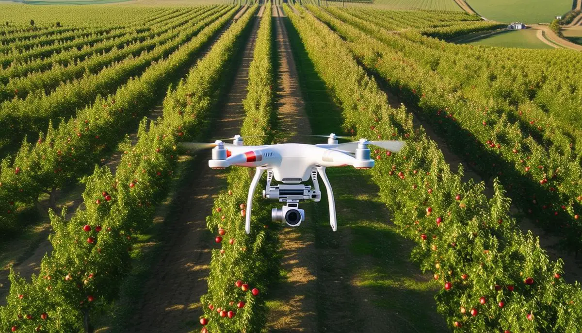 A drone flying over an apple orchard, capturing detailed images for precision agriculture