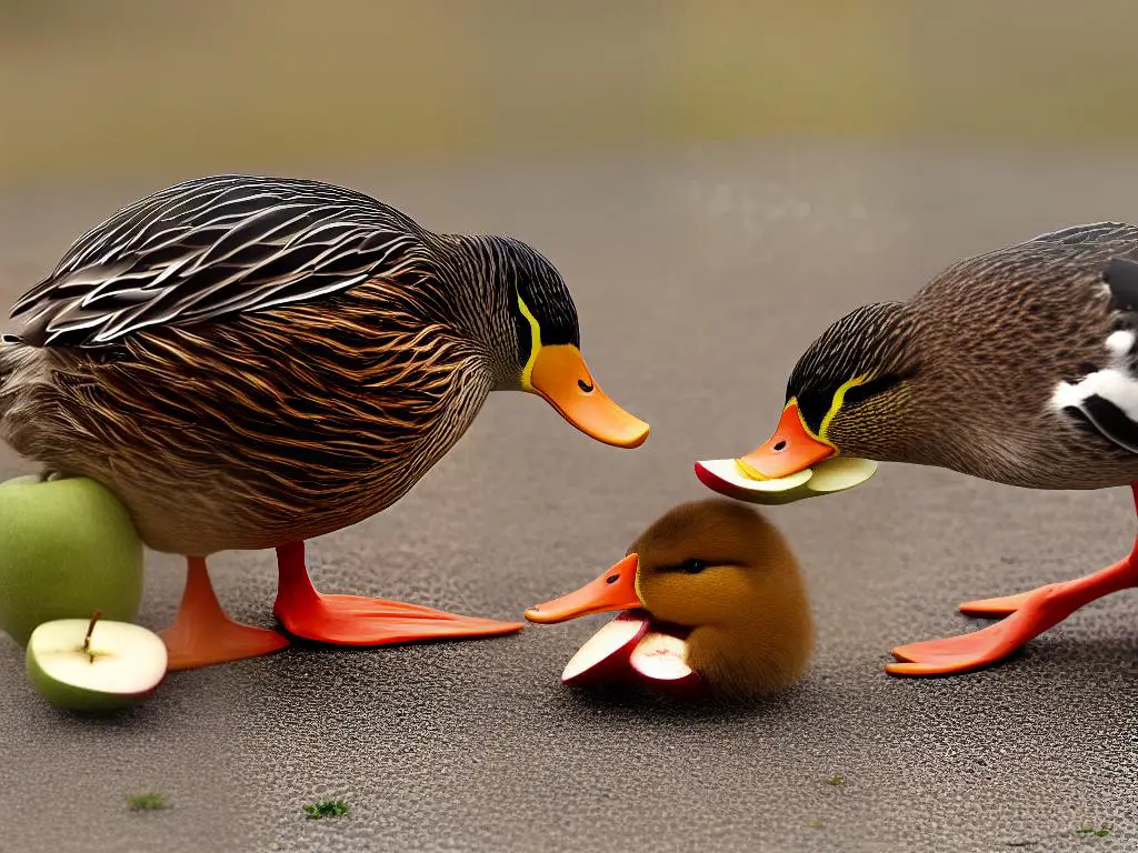 A picture of a duck happily eating an apple slice.