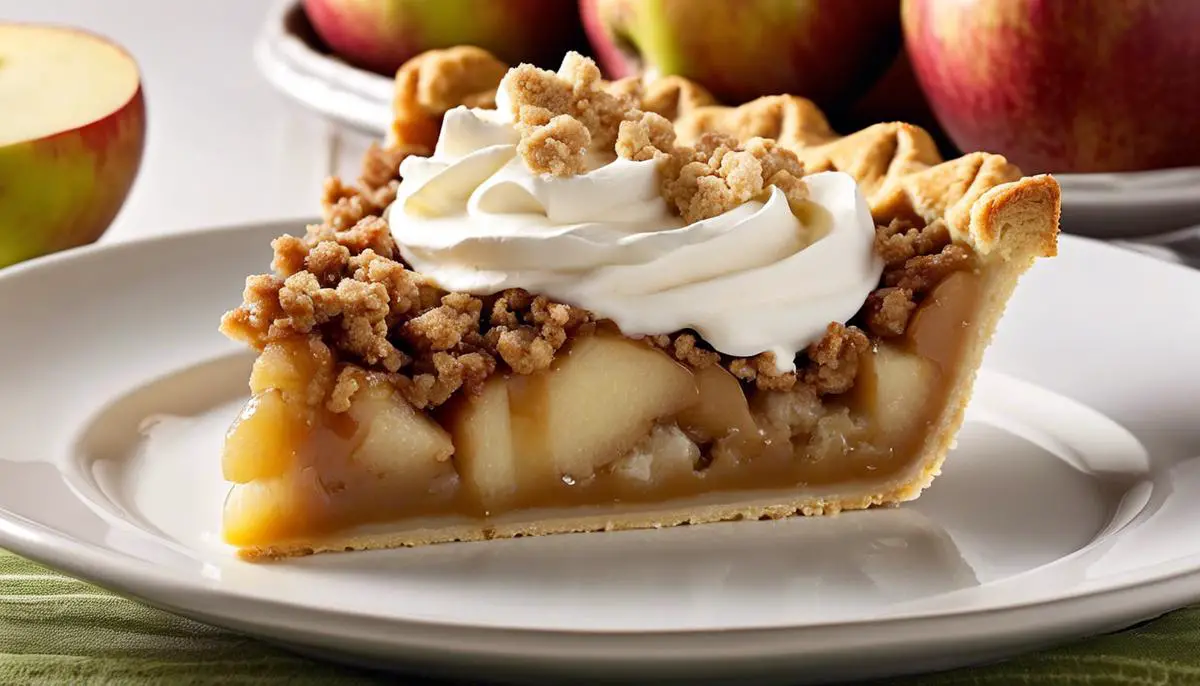 A close-up image of a golden-brown Dutch Apple Pie with a crumbly streusel topping, revealing layers of spiced apple filling and sitting on a plate. A dollop of whipped cream is placed on top.