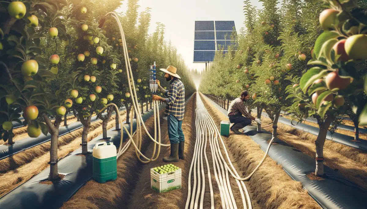 An apple orchard showcasing eco-friendly farming practices with drip irrigation and solar panels