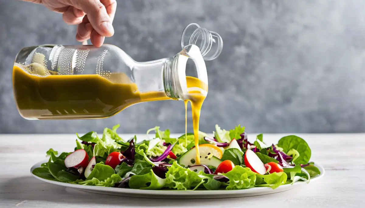 A bottle of salad dressing being poured onto salad leaves.