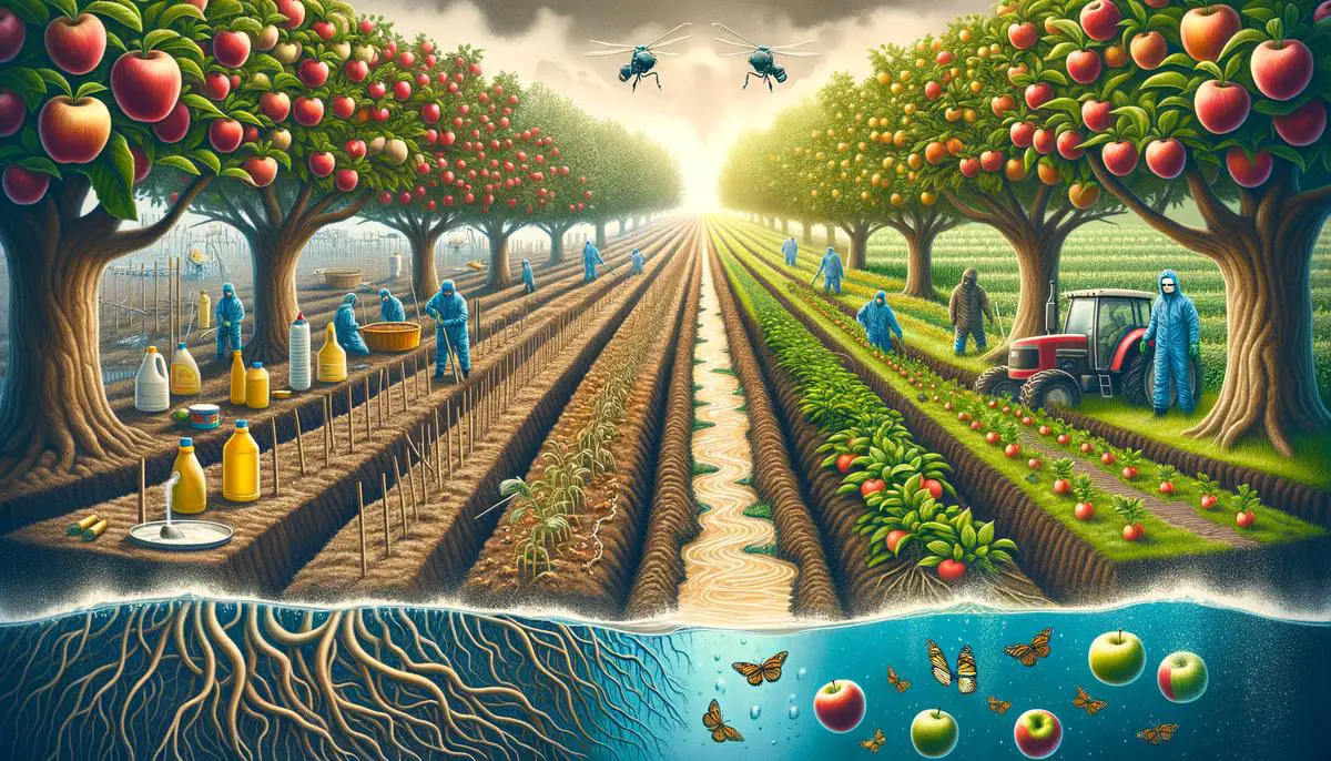 A split image showing the contrast between chemical-intensive apple farming and sustainable organic methods